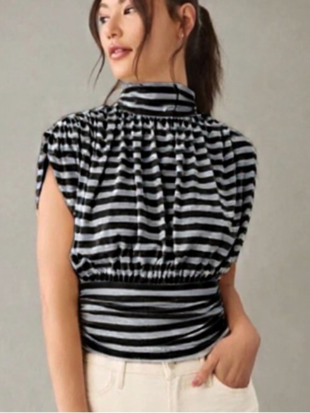 Anthropologie Black and White Striped Mock-Neck Blouse